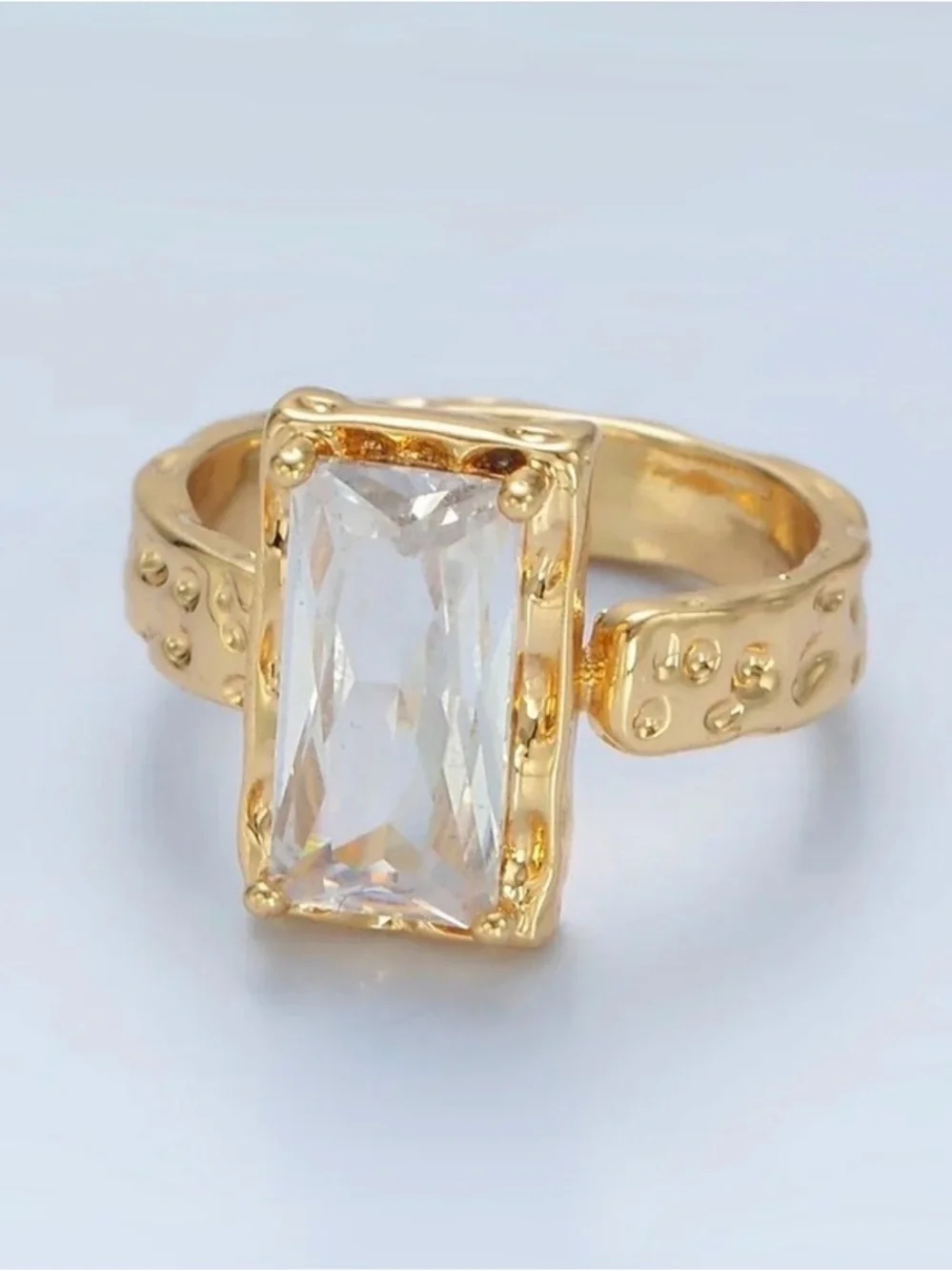 24K Gold Filled Clear CZ Baguette Hammered Wrap Band Ring -Size 5.5